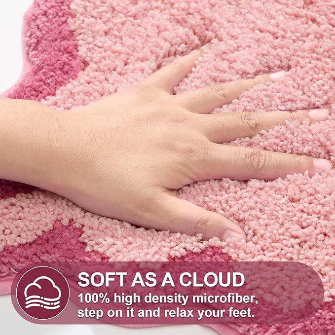 ORTIGIA Cute Pink Bow Scalloped Bath Mat, Fun Plush Microfiber Scallop Bathroom Rugs Non Slip Washable Quick Dry Absorbent, Bath Rug for Shower Stall Vanities Kitchen Floor Entrance, 20x32