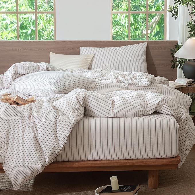 MooMee Striped Duvet Cover Set 100% Washed Cotton Linen Like Textured Breathable Durable Soft Comfy (White Orange Wide Stripes, Palatial King/Oversized King 120"x98")