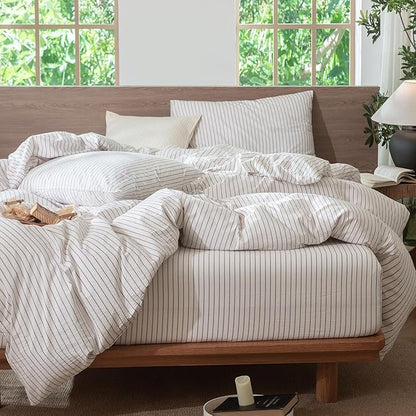 MooMee Striped Duvet Cover Set 100% Washed Cotton Linen Like Textured Breathable Durable Soft Comfy (White Orange Wide Stripes, Palatial King/Oversized King 120"x98")