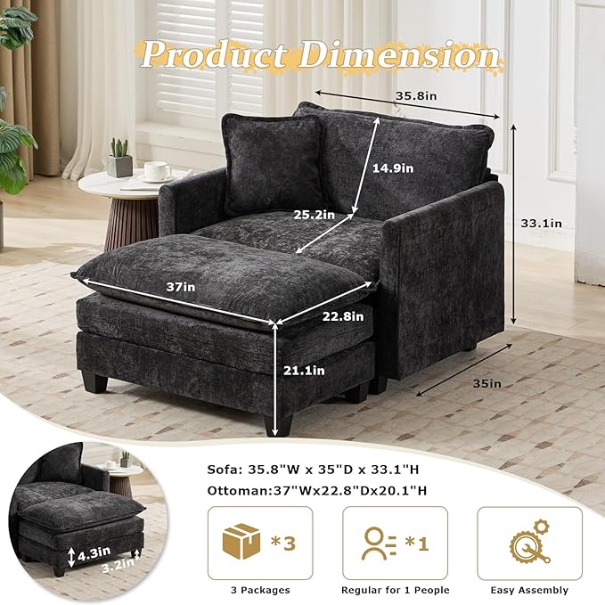 SoarFlash Chenille Sectional Sofa, Comfy Modular Single Chair with Ottoman, Modern Recliner Deep Seat Sofa Set for Living Room,Black