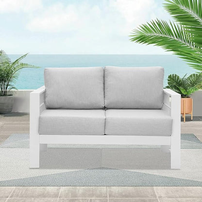 Wisteria Lane Patio Furniture Aluminum Loveseat, All-Weather Outdoor 2 Seats Outdoor Chair, White Metal Chair with Light Grey Cushions