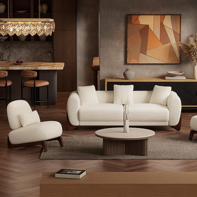 Morden Fort 2 Piece Boucle Sofa Set, Modern Upholstered Couches Sofas Set Durable Comfy Boucle Pet-Friendly, ArmlessChair & 3-Seater Sofa Sets for Living Room Bedroom Apartment, Beige