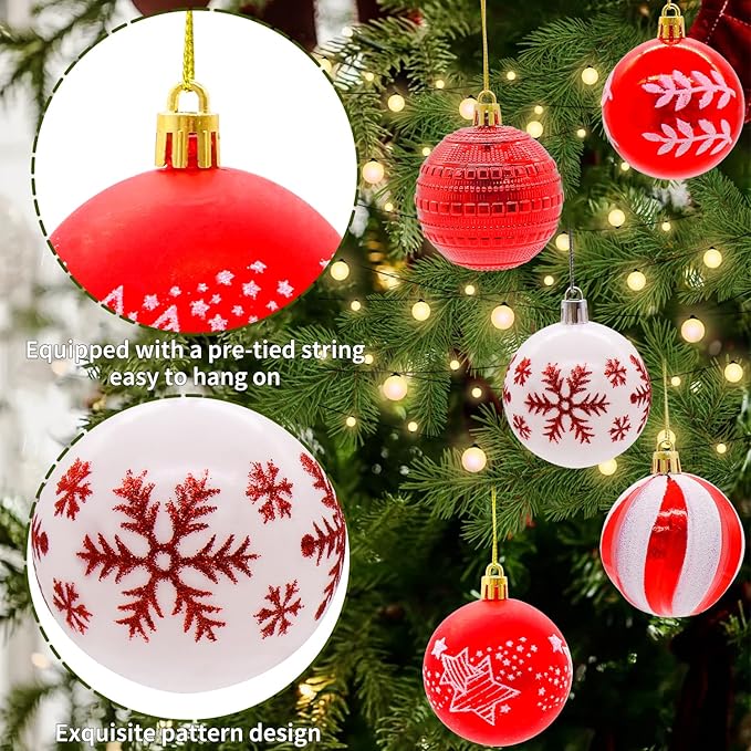 40PCS 2.36" Christmas Balls Ornaments, Plastic Christmas Tree Ornaments, Holiday Baubles, Hanging Decorations for Xmas Trees Holiday Party, Red White Baubles