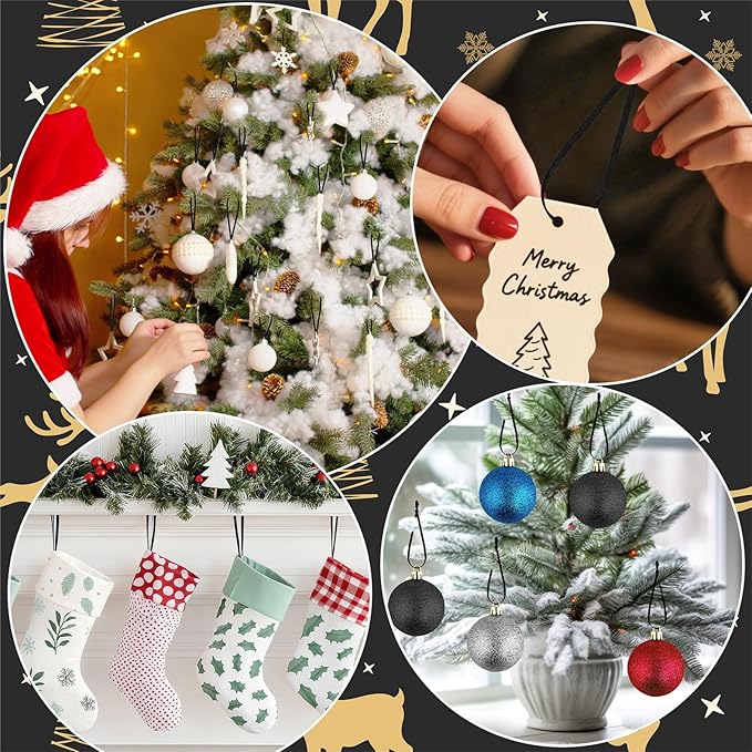 JUNEBRUSHS 300Pcs Christmas Ornament Ribbon Hangers, Hand Tied String Ties Ornament Loops Thin Ribbon for Ornaments Christmas Tree Hanging Decoration Black