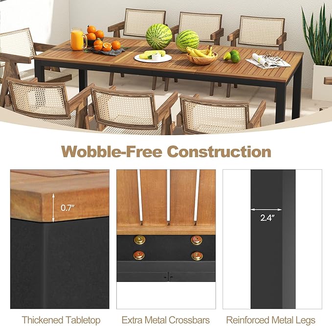 Tangkula 8-Person Outdoor Dining Table, 79 Inch Acacia Wood Patio Table with Umbrella Hole, Metal Legs & Adjustable Foot Pads, Farmhouse Bistro Table for Garden, Poolside & Backyard