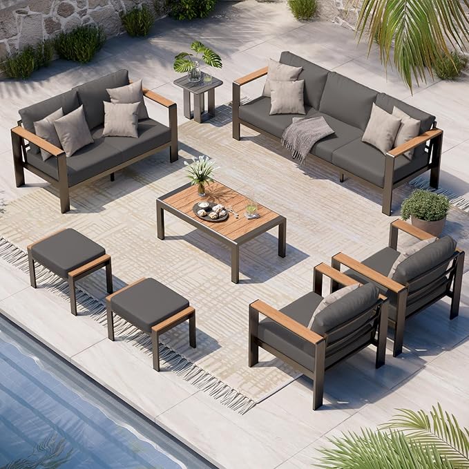 Aluminum Outdoor Patio Furniture Set with Table, 7 Piece Patio Conversation Sets with Thick Cushion, Ottomans, Outdoor Seating Sectional Furniture Set for Porch, Balcony, Deck, Yard, Graphite