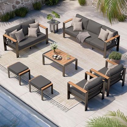 Aluminum Outdoor Patio Furniture Set with Table, 7 Piece Patio Conversation Sets with Thick Cushion, Ottomans, Outdoor Seating Sectional Furniture Set for Porch, Balcony, Deck, Yard, Graphite