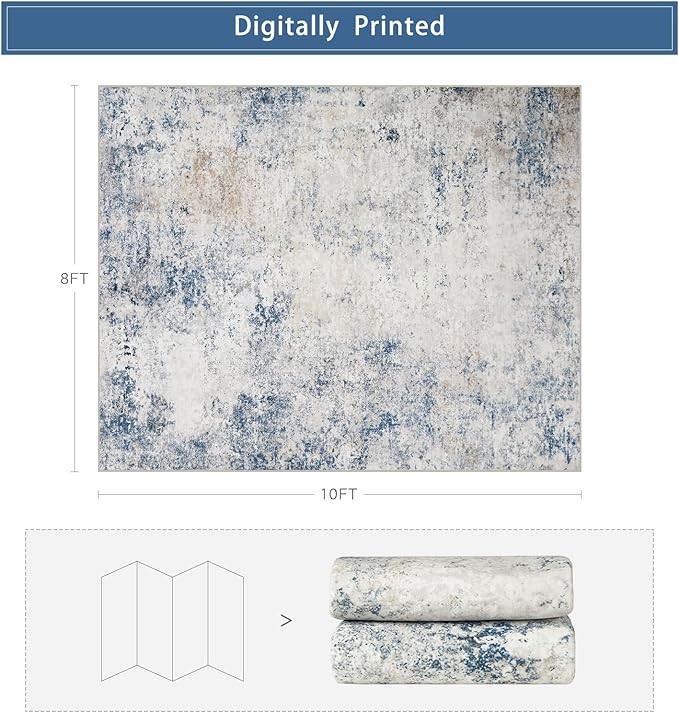 Washable Rugs 8x10 Area Rugs for Living Room,Modern Abstract Rugs for Bedroom,Large Carpets,Ultra Soft Faux Wool Retro Dining Room Rug,Non Slip&Non-Shedding Low Pile Print Rug- Blue Beige