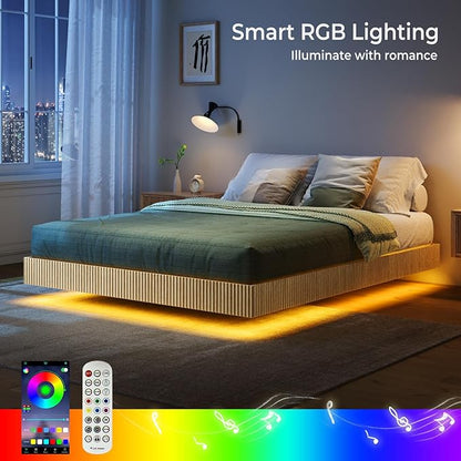 Tatub Natural Queen Floating Bed Frame with LED Lights, Modern Fluted Oak Platform Bed Frame Floating, Heavy Duty Metal Slats, No Box Spring Required