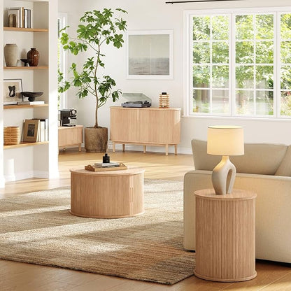 LINSY Round Fluted Nightstand, Mid Century Modern Tall Side Table with Storage, End Table with Sliding Tambour Doors, Adjustable Shelf, Small Wood Bedside Table for Bedroom, Living Room, Oak