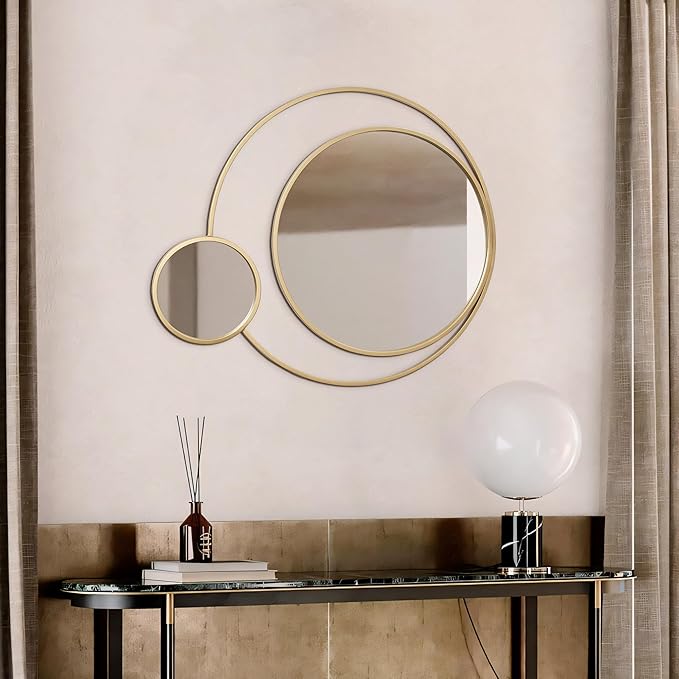 LuxenHome 31.5"x25.5" Round Wall Mirror, Orbit Modern Gold Metal Frame Wall Mounted Circles Decorative Accent Mirror for Bathroom Entryway, Bedroom, Living Room, Dining Room