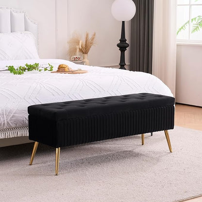 Velvet Storage Bench for Bedroom, Upholstered End of Bed Bench Modern Tufted Ottoman with Gold Legs for Living Room/Window/Entryway (Black, Rectangle-45.5" W)