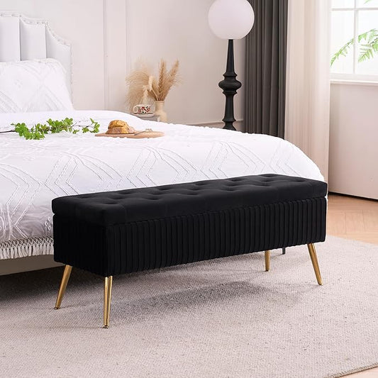 Velvet Storage Bench for Bedroom, Upholstered End of Bed Bench Modern Tufted Ottoman with Gold Legs for Living Room/Window/Entryway (Black, Rectangle-45.5" W)