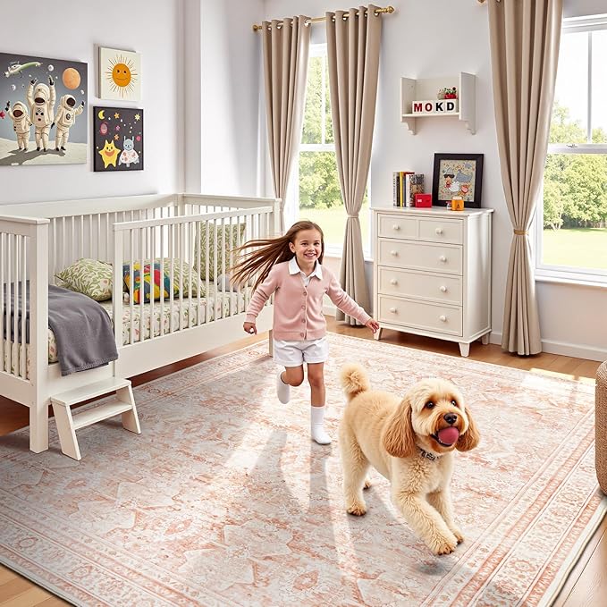 Lofus 9x12 Area Rug for Living Room,Pink Washable Area Rugs with Non-Slip Backing,Soft Boho Carpets for Bedroom Dining Room Home Office Indoor Nursery