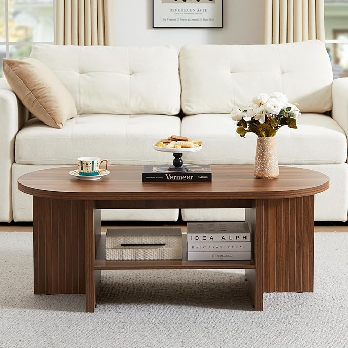 43.3” Coffee Table with Storage, Oval Coffee Tables for Living Room, Farmhouse Fluted Coffee Table with Large Storage Shelf, Wood Center Table for Small Space, Walnut