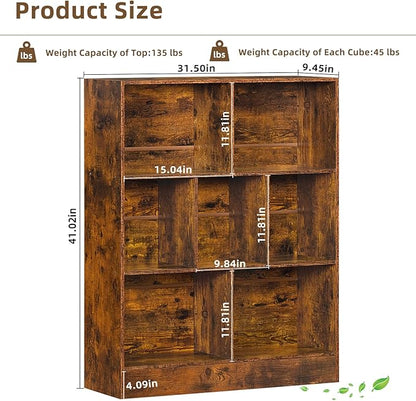 LEYAOYAO 7 Cube Bookshelf with Base,3 Tier Mid-Century Modern Brown Bookcase,Standing Wide Bookshelves Storage Organizer Shelf,Rustic Wood Display Cabinet Book Shelves for Bedroom,Living Room,Office