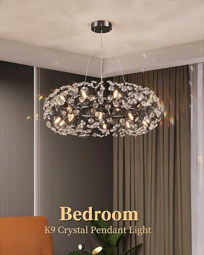 Modern Firework Chandelier, Farmhouse Black Crystal Round Dandelion Sputnik Chandeliers, 31.5" Contemporary 20-Light Pendant Hanging Lighting for Dining Room Kitchen Bedroom Living Room