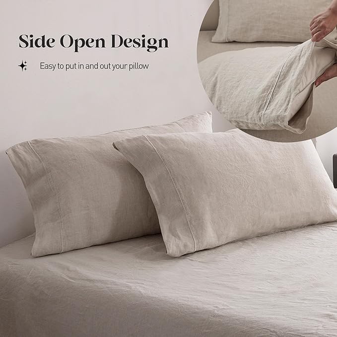 Simple&Opulence 100% Pure Linen Sheet Set King Size, Natural French Flax Solid Color 4 Pcs Washed Breathable, Farmhouse Bedding (1 Flat Sheet,1 Fitted Sheet,2 Pillowcases)-Embroidery Linen