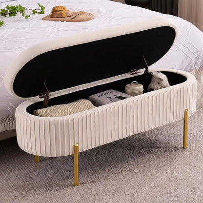 Velvet Storage Bench for Bedroom Upholstered End of Bed Bench Modern Ottoman with Gold Legs for Living Room/Window/Entryway (Ivory White, Oval-45.5" W)