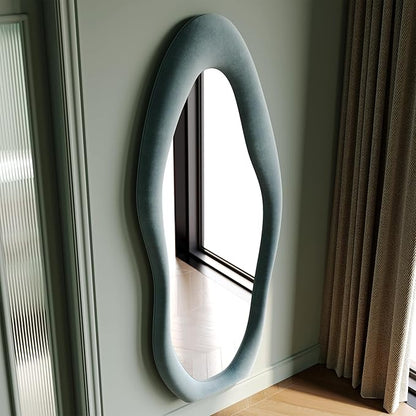 Honyee Full Length Mirror, 63" x 24" Wall Mirror, Flannel Wrapped Wooden Frame Full Body Mirror, Irregular Wavy Mirror Hanging or Leaning Against Wall for Cloakroom/Bedroom/Living Room, Blue