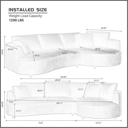 122'' Modern Curved Cloud Sofa Luxury Living Room 5 Seater Sectional Sofa Curve Design Comfortable Upholstered Sofas with Toffee Chair for Living Room Bedroom Apartment(Corduroy+Right Facing, Green)