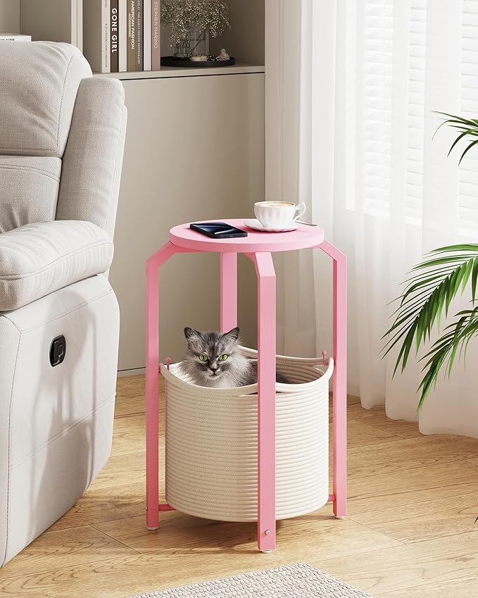TUTOTAK Small Side Table, Round End Table, Night Stand, Bedside Table, Sofa Table with Storage Basket, Living Room, Bed Room, Pink TB01BP092