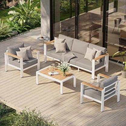 Aluminum Outdoor Patio Furniture Set with Table, 4 Piece Outdoor Chair Conversation Sets with Washable Thick Cushions, Patio Sectional Furniture Set for Porch, Balcony, Deck, White