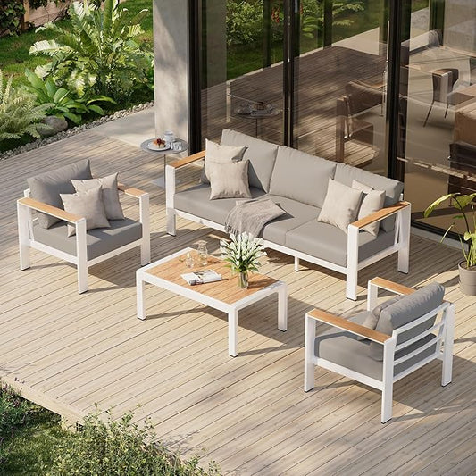 Aluminum Outdoor Patio Furniture Set with Table, 4 Piece Outdoor Chair Conversation Sets with Washable Thick Cushions, Patio Sectional Furniture Set for Porch, Balcony, Deck, White