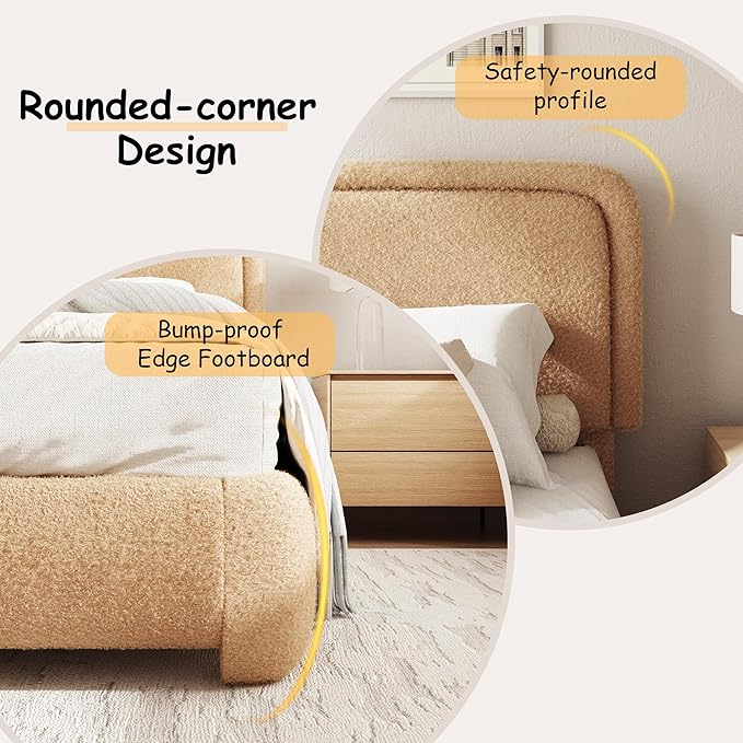 Queen Size Boucle Bed Frame, Cloud Upholstered Platform Bed with Height Adjustable Headboard & Soft Rounded Corners, No Box Spring Needed, Noise Free, Easy Assembly, Camel