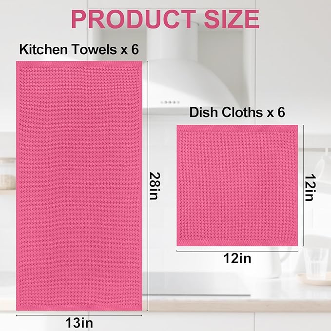 Homaxy 100% Cotton Kitchen Towels and Dishcloths Set, 12 x 12 Inches and 13 x 28 Inches, Set of 12 Bulk Kitchen Towels Set, Ultra Soft Absorbent Dish Cloths for Washing Dishes, Hot Pink