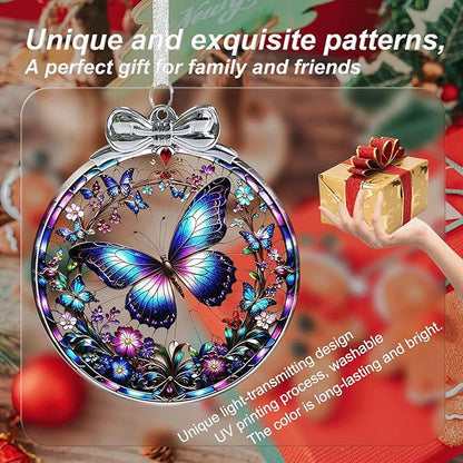 Butterfly Christmas Ornament Stained Glass Butterfly Decorations - Hanging Ornaments for Christmas Tree Xmas Decorations, Holiday Keepsake Present Exchange Ideas