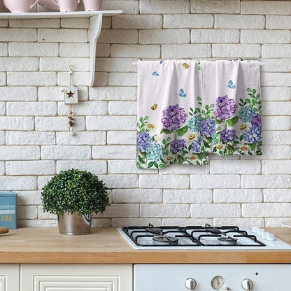 Hydrangea Daisy Kitchen Towels Set of 2 Blue Purple Floral Butterfly Absorbent Hand Tea Dish Towels Green Leaf 16x24 Tabletop Decor
