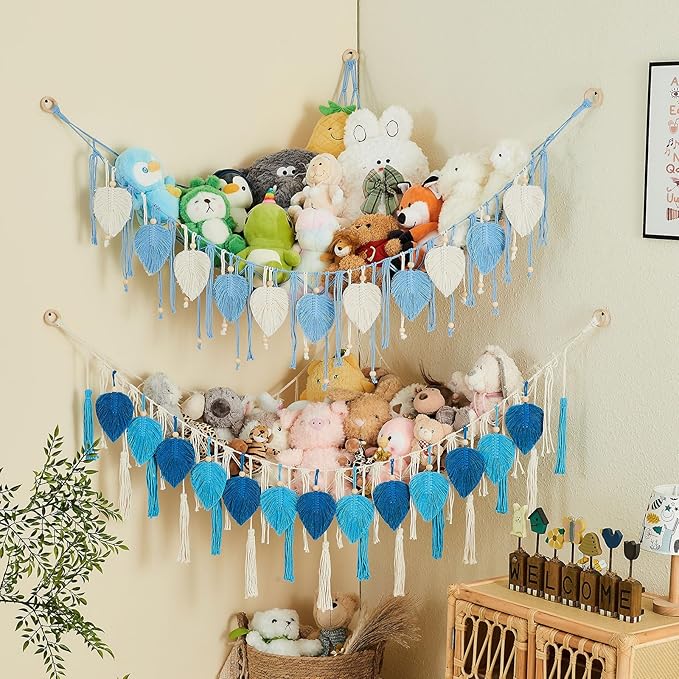 Pretty Jolly Stuffed Animal Storage with Hand Woven Leaf Tassels Hammock Corner Hanging Net Boho Macrame Storage for Kid Room Nursery Decor Wall Display for Girls Gift(Dark Blue&Lake Blue)