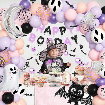 Amandir Pastel Pink Purple Halloween Birthday Party Decorations, Happy Boo Day Glitter Banner Halloween Balloon Arch Garland kit Foil Bat Ghost Balloons Cake Toppers for Kids Girl Spooky Baby Shower