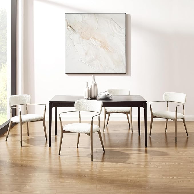 Art Leon Mid Century Modern Dining Chairs - Boucle Fabric Upholstered Dining Room Chairs with Wood Legs with Open Backrest, Set of 2, White