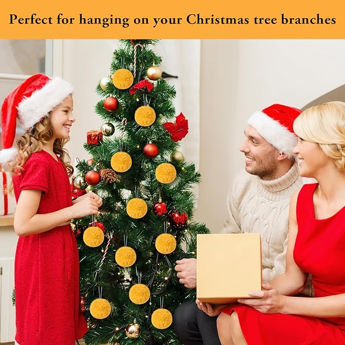 12Pcs Furry Christmas Ball Ornament for Xmas Tree Yellow Soft Faux Fur Pom Pom Ball Ornaments Christmas Tree Hanging Decorations for Winter Party Home Decor Costume Supplies