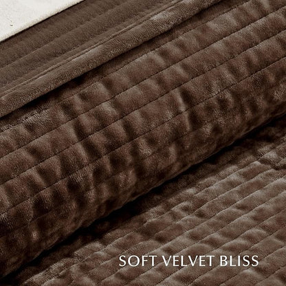 EVERGRACE Velvet Quilt Set Queen Size, Luxurious Soft Quilted Bedding Sets, Lightweight Velvet Comforter for All Season, Striped Channel Bedspread Coverlet with 2 Shams, Red Rust Brown