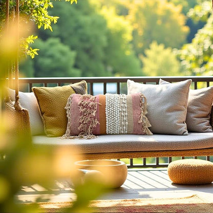 Decorative Boho-Chic Lumbar Pillow Cover 12x20 Handwoven Tufted Fringed Cotton Pink Cream Beige Neutral Farmhouse Bohemian Scandinavian Trendy USA Design