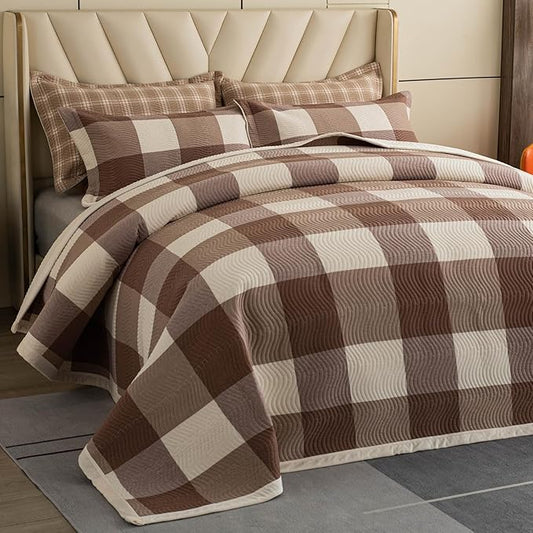 Cotton Plaid Quilt Set King 3 Piece Reversible Bedding, Grid Coffee