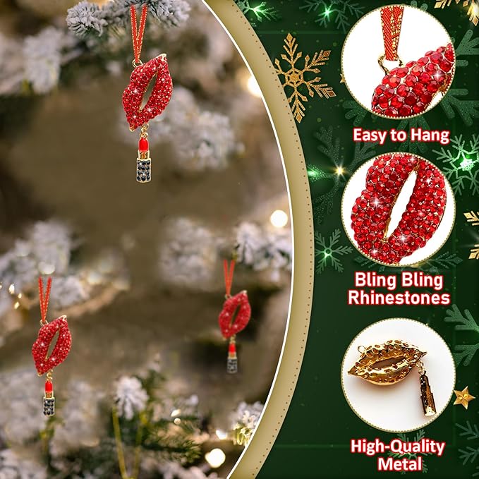 Red Lips Christmas Ornament Red Rhinestones Lip Ornaments for Christmas Tree Metal Lip Hanging Christmas Ornaments Decorations Sexy Lips Xmas Tree Keepsake Gifts for Women Girls Sister Mom
