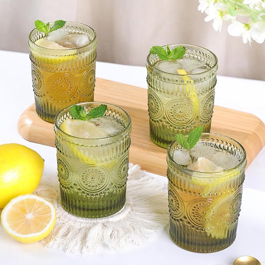 Vintage Glassware Drinking Glasses Set of 4-10.5 oz Green Glasses Water Tumbler, Embossed Glassware Cups for Juice, Beer, Cocktail, Whiskey, Various Mixed Drinks