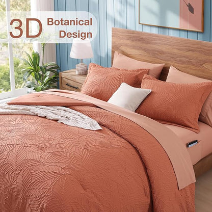 Geniospin Queen Size Comforter Set - 7 Pieces Burnt Orange Bedding Set, Botanical Textured Fall Comforter Set, All Season Lightweight Bed in a Bag with Comforter, Sheets, Pillowcases & Shams