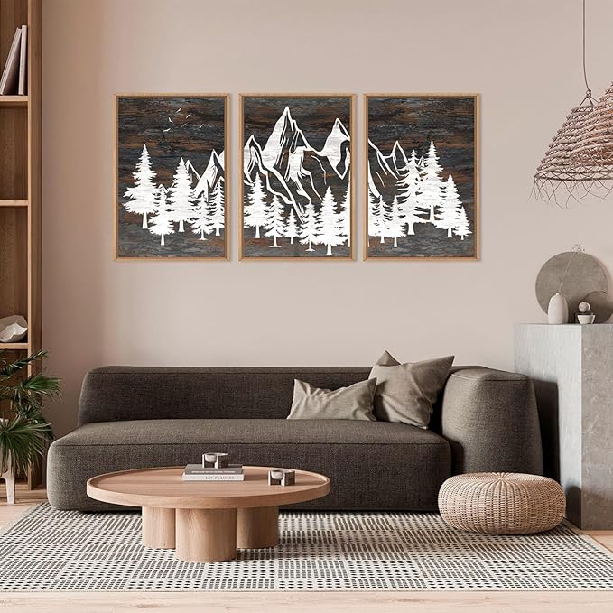 HOURIA Large Wilderness Rustic Mountain Forest Framed Wall Art Set,Retro Woodland Wall Decor,Nature Country Wooden Artwork,Brown White Pine Tree Landscape Art Print for Living Room,Bedroom- 16"x24"x3