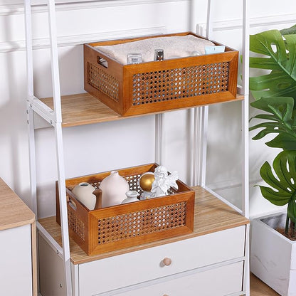 Wooden Storage Basket Handmade Rattan Drawer Storage Box with Frame & Handles Decorative Natural Bamboo Woven Bins Rustic Farmhouse Decor Home Office Tabletop Shelf Organizer 13.8" x 9.8" x 5.5"