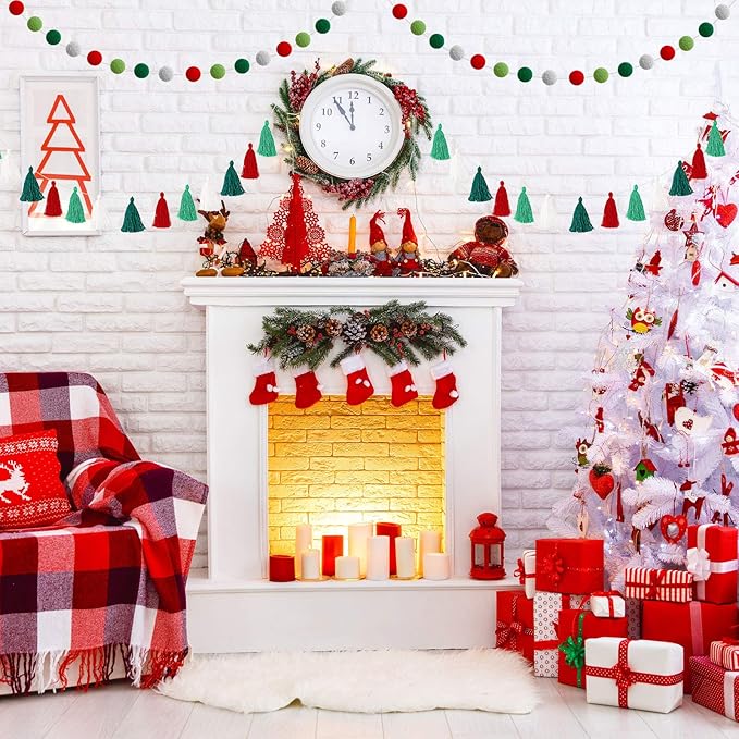 Syhood 4 Pcs Christmas Pom Pom Tassel Garland Felt Pompom Ball Banner Christmas Tassel Garland for Xmas Tree Hanging Decorations Party Supplies Home Decor(Red Green White)