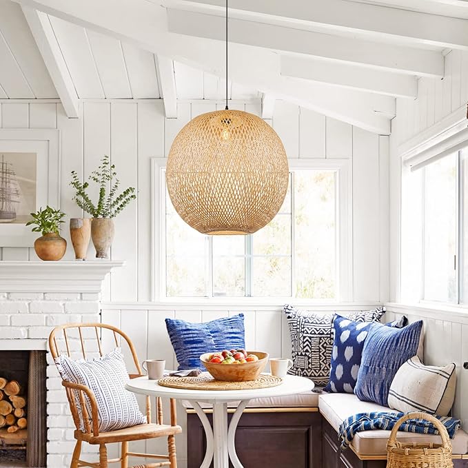 Arturesthome 1 Light Round Bamboo Pendant Lights, Wicker Chandelier Hand-Woven Boho Basket Lampshade Hanging Ceiling Light for Kitchen Island Living Room