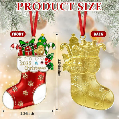 Christmas Stocking Ornament 2025 for Tree Decorations Stockings Gift, Metal Dated Ornaments 2025 Keepsake Yearly Hanging Ornaments for Xmas Tree Wreath Decor Holiday Party Supplies Snowflake