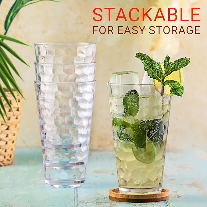 Hammered Plastic Drinking High Tumbler, Dishwasher-Safe Premium Quality Glasses, BPA-Free Reusable Outdoor Cups, 22 oz Set of 10