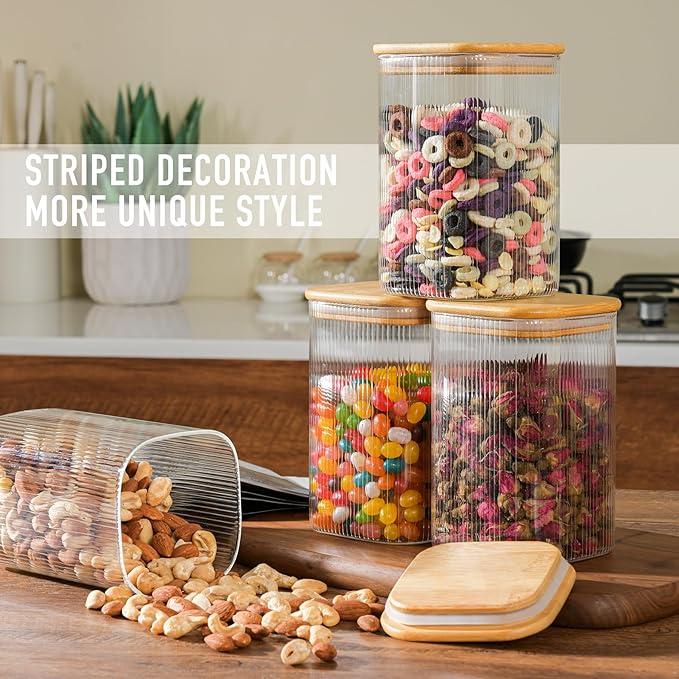 37oz Airtight Glass Square Storage Canisters with Bamboo Lids Set of 6 (1100ml) Striped Stackable Containers, Kitchen Jars for Pantry Noodles, Flour and Coffee beans (‎with Black Lable)