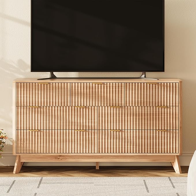 54'' Wide 7 Drawers Dressers for Bedroom, Modern Fluted Chest with Arc Corners, Large Wooden Dresser TV Stand, Wood Closet Clothes Storage Organizer for Living Room, Natural Wood